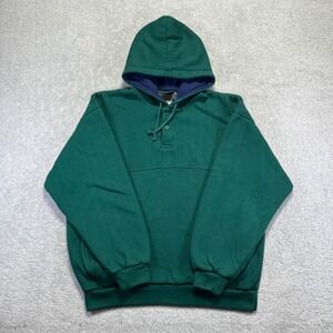 VINTAGE Grand Banks Hoodie Size XL Green Thermal Lined Henley Pullover Pockets